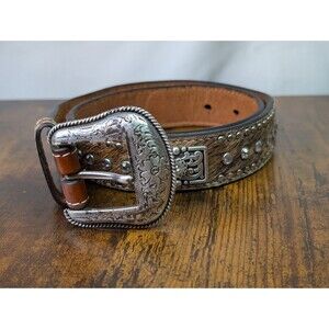 Nocona Western Boys Belt Youth Leather Scalloped Calf Hair Conchos Tan Size 26